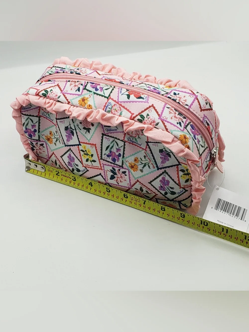 Floral Stamp Print Pink Ruffle Cosmetic Bag